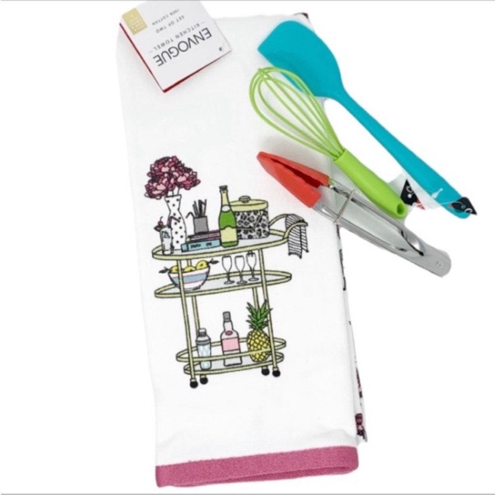 Bar Cart drinks fruit White Kitchen Towel NEW whisk spatula tongs